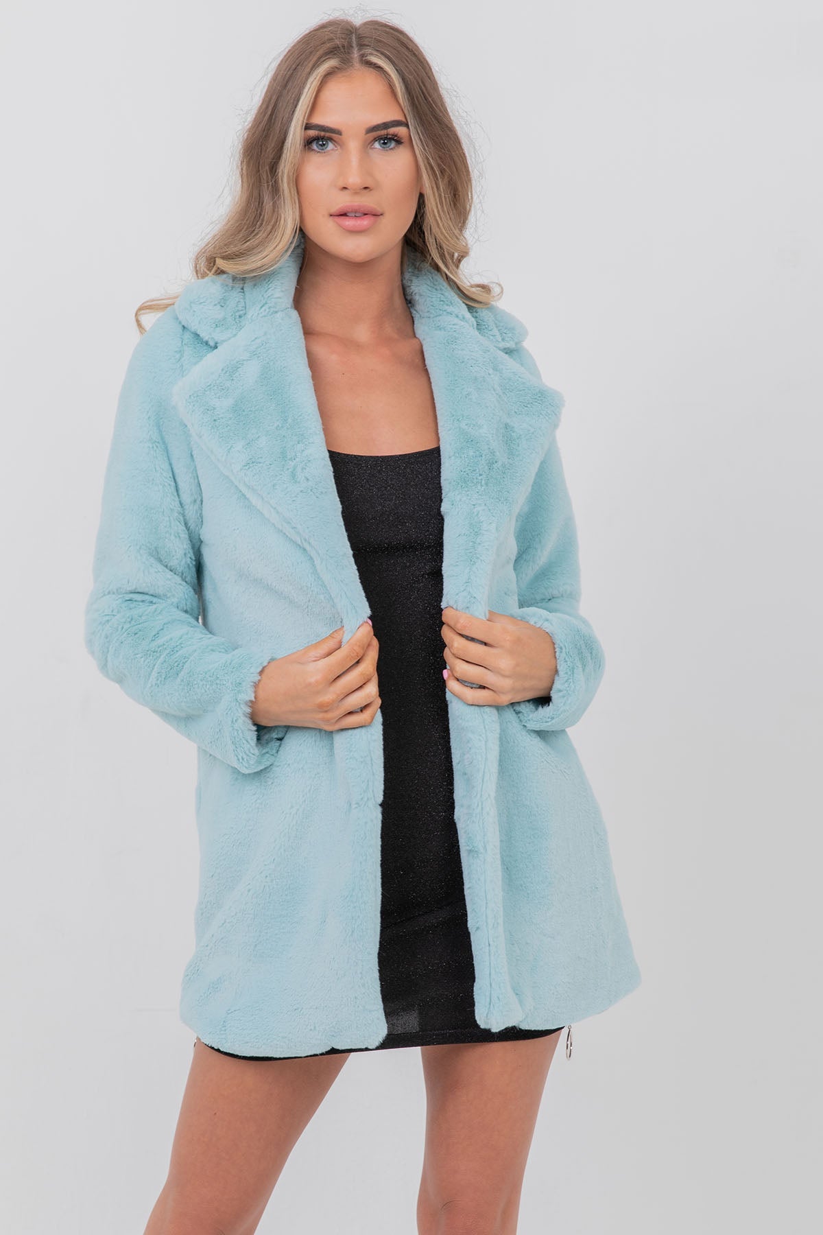 Longline Faux Fur Coat With Collar Mint