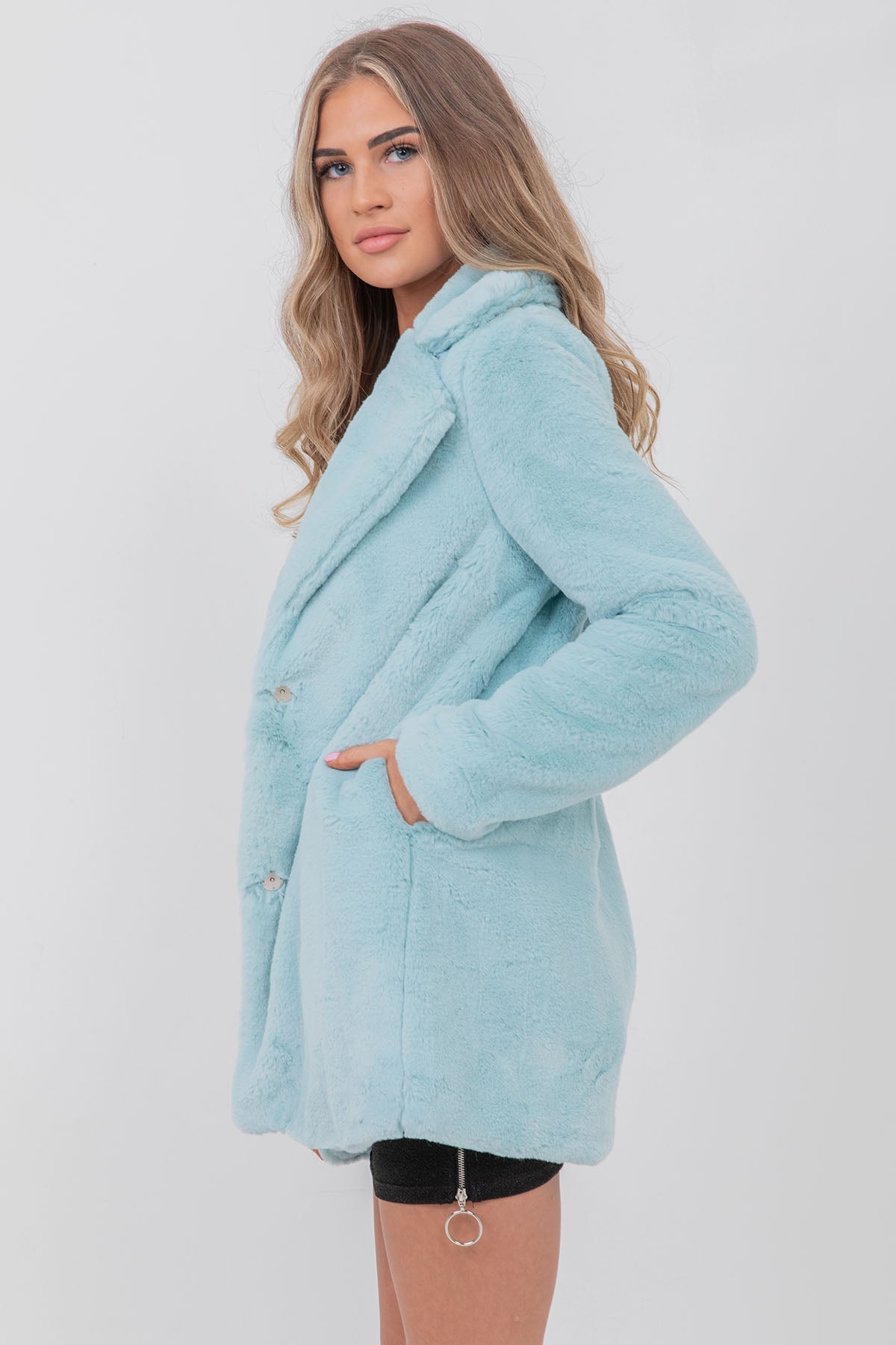 Longline Faux Fur Coat With Collar Mint