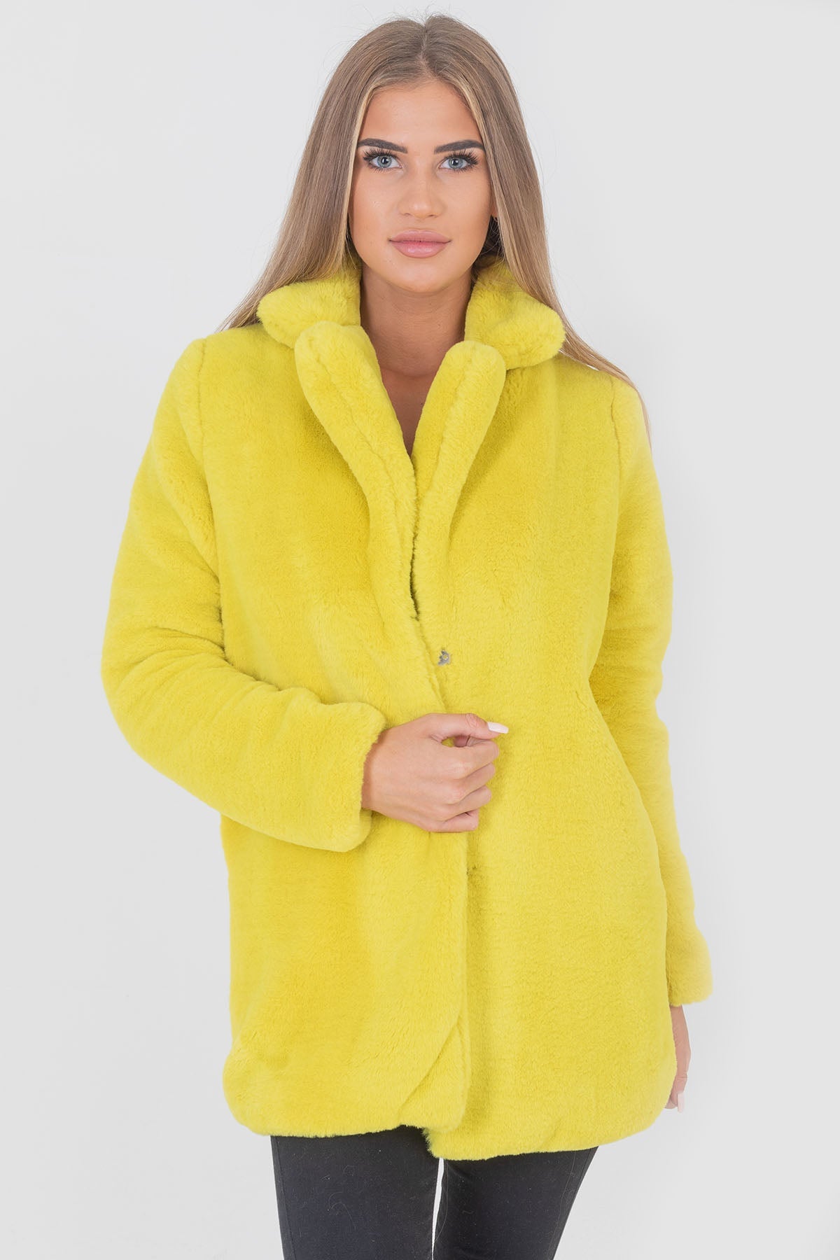 Longline Faux Fur Coat With Collar Mustard