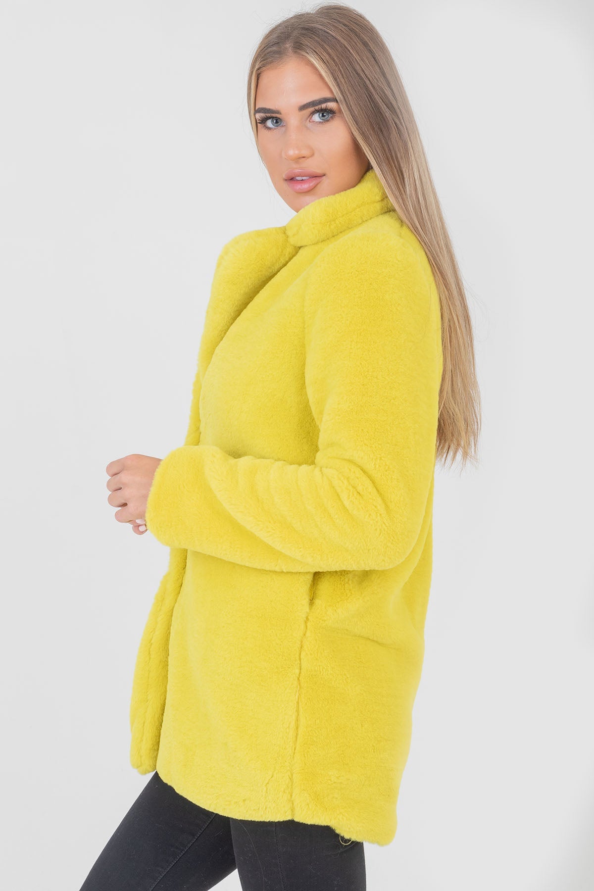 Longline Faux Fur Coat With Collar Mustard