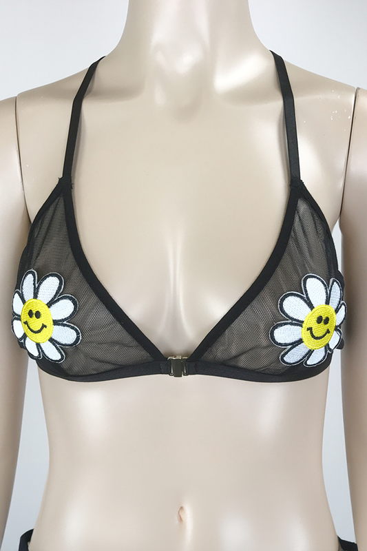 Sunflower Applique Mesh Bralette Black