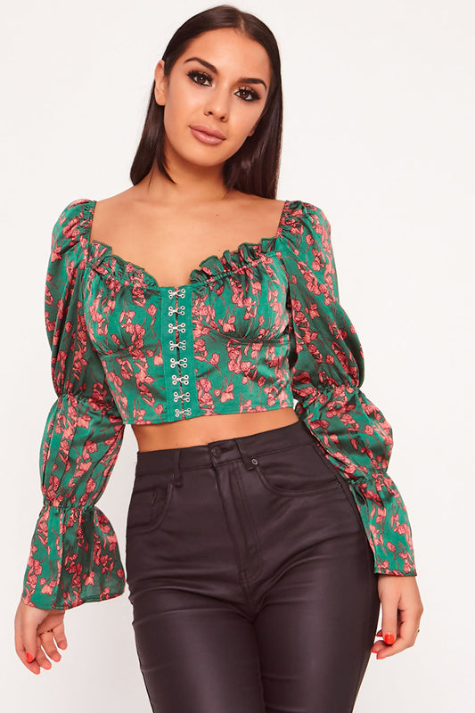 Floral Cupped Corset Puff Sleeve Top Green