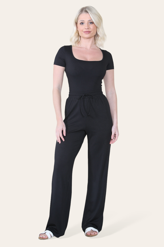 Scoop Neck Bodysuit & Wide Leg Trousers Co-Ord in Black