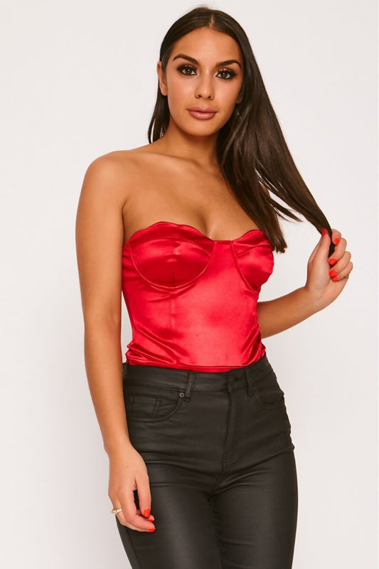 Stretch Satin Scalloped Cup Underwired Bodysuit Red