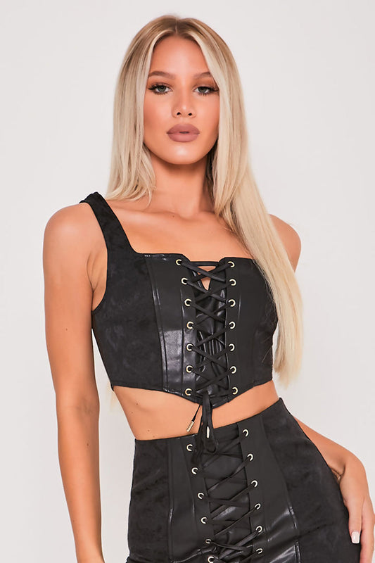 Jacquard and Faux Leather Lace Up Crop Top Black